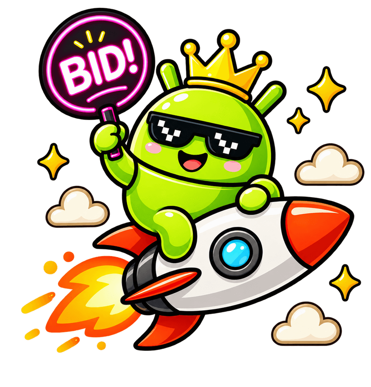 droid.bid mascot riding a rocket holding a neon BID sign